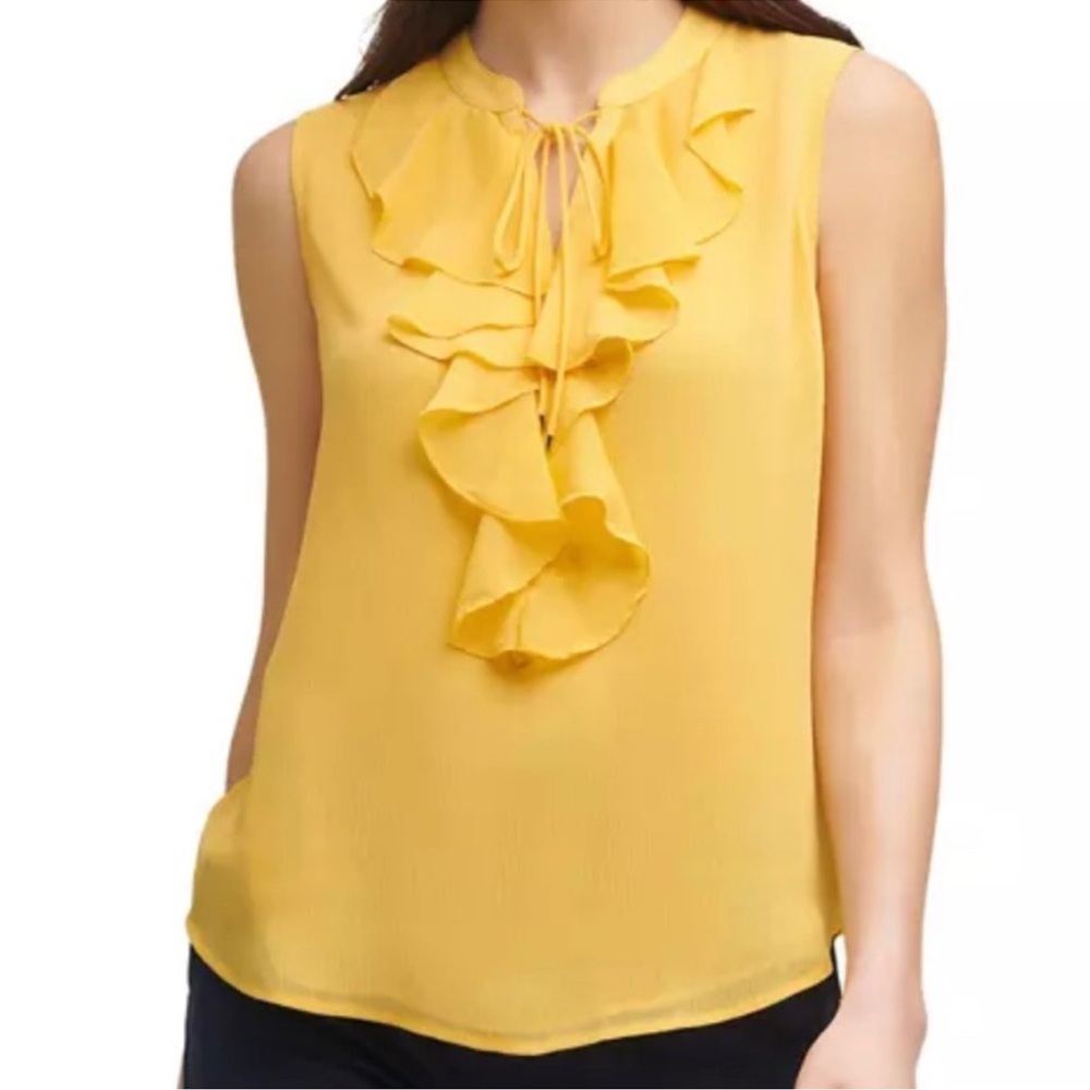 NWT Tommy Hilfiger Yellow Ruffle Neck Sleeveless Blouse Size Medium
